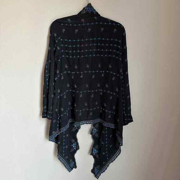 Johnny Was Open Front Embroidered Cardigan Sheer Black Blue Floral High Low Hem - Picture 3 of 10
